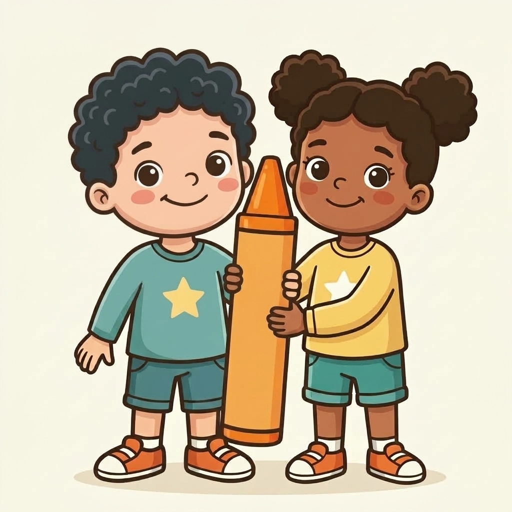Best friends Milo and Mila with their giant magical crayon