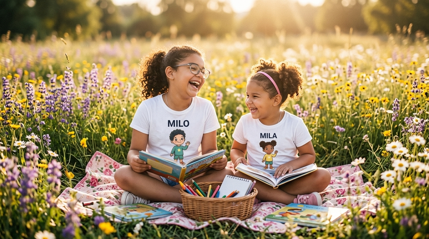 Two sisters wearing Milo and Mila character t-shirts on a wildflower picnic